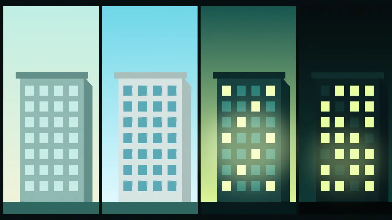 The same simple tower block shown in four vertical panels from pale dawn to blue noon to green dusk to a dark night, its windows lighting up one by one