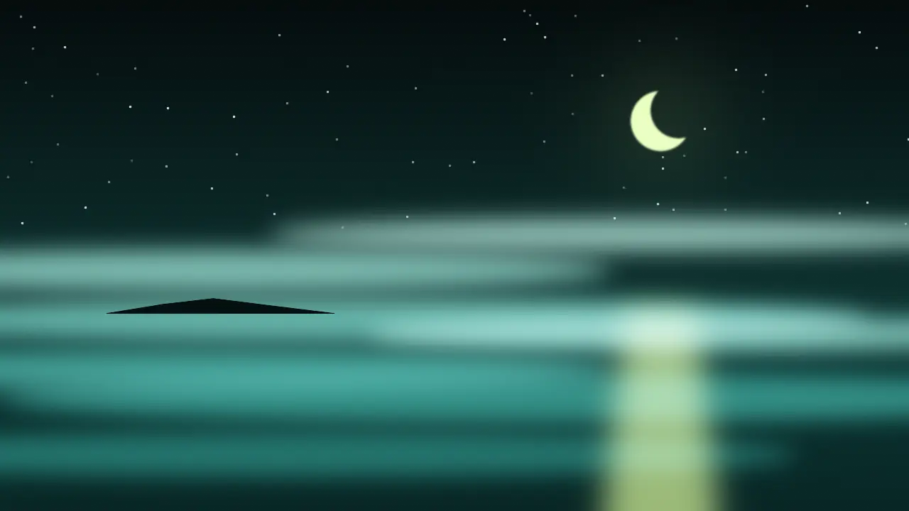 A crescent moon over a dark sea at night, long bands of pale teal mist drifting across the horizon and a soft yellow-green reflection on the water