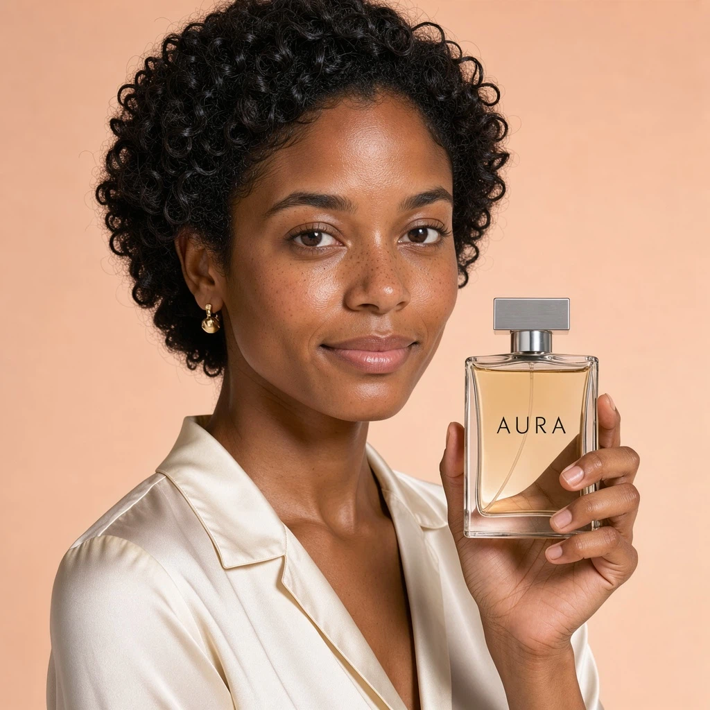 Flux 3 Image Edit: Redesign only the perfume bottle she is holding. Change it to deep emerald-green translucent glass with a brus