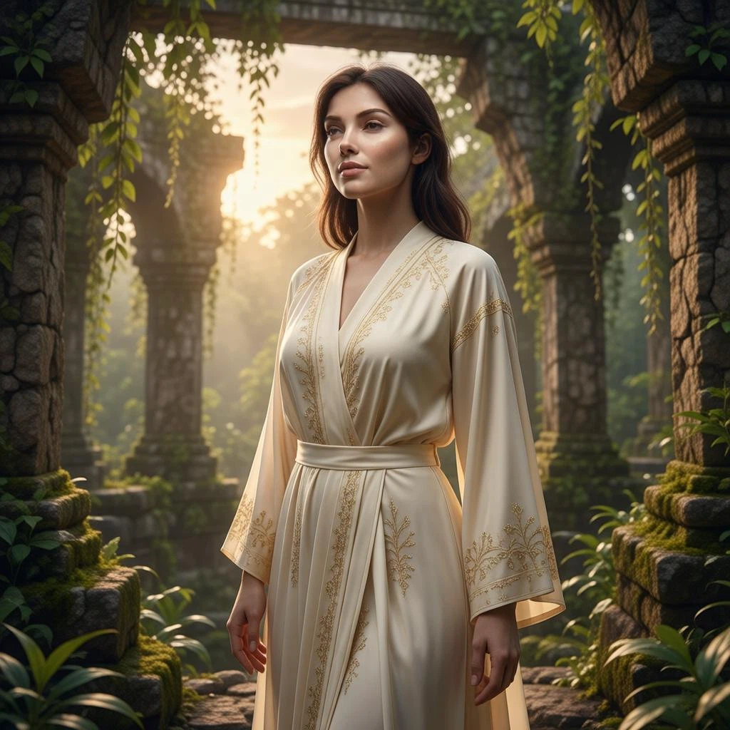 Fibo Edit 1.5 Edit: Transform the scene from a futuristic space observatory into an ancient overgrown temple at sunrise. Keep the 