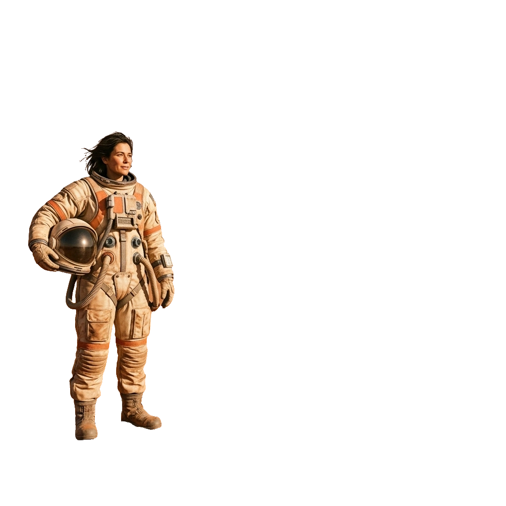 Remove Background Guided: Keep only the astronaut and the helmet she is holding.