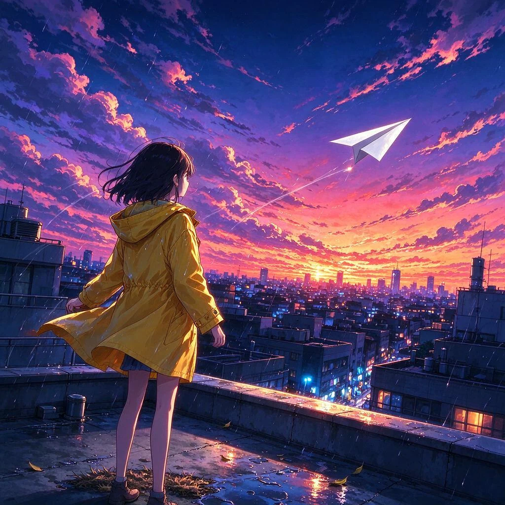 Seedream V5.0 Flash: Anime-style illustration of a girl with a yellow raincoat standing on a rooftop at dusk, city lights beginning
