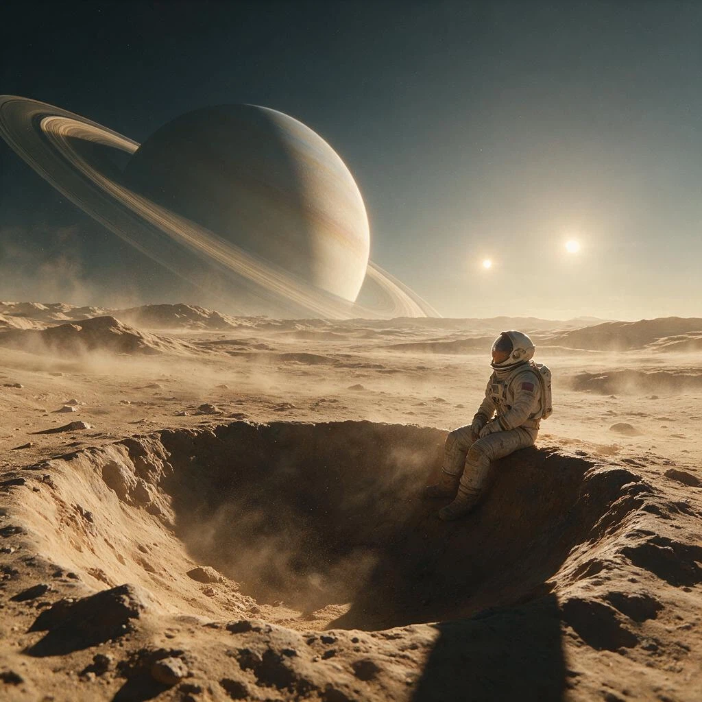 Seedream V5.0 Pro: A lone astronaut in a weathered white spacesuit sitting on the edge of a crater on a desert moon, looking up a