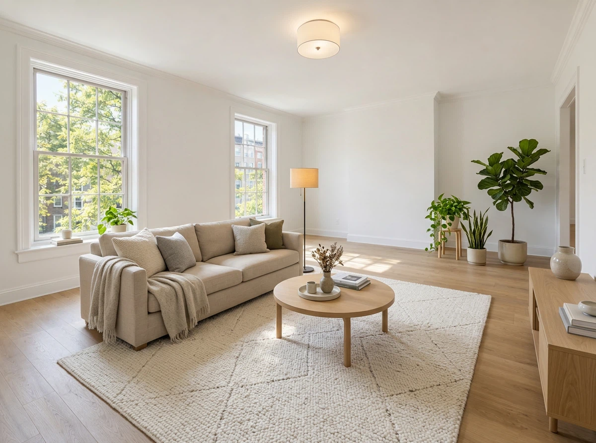 Nano Banana 2.1 Edit: Furnish this empty room in Scandinavian style: a beige linen sofa, a light oak coffee table, a wool rug, a flo
