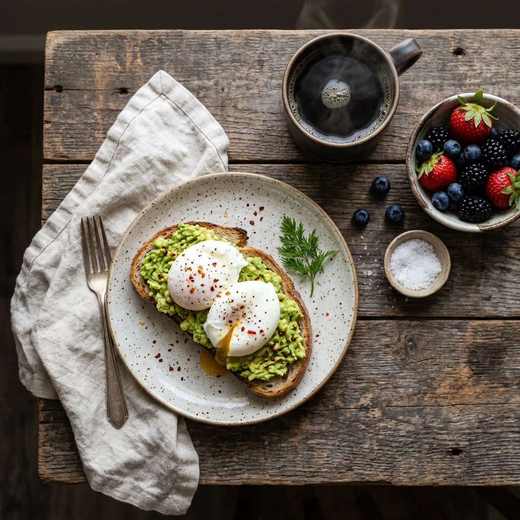 Nano Banana 2.1 Text-to-Image: Overhead photo of a rustic breakfast table: sourdough toast with smashed avocado and poached eggs, a cup of bl