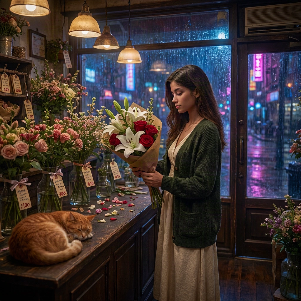 V3 Text-to-Image: A beautiful young woman standing alone inside a small flower shop late at night, wearing a dark green cardigan