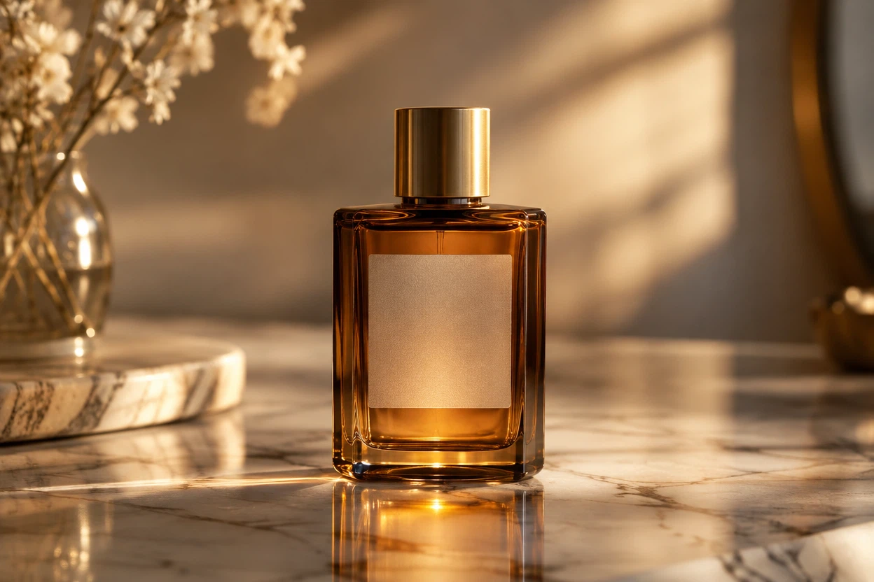 GPT Image 2.5 Flare Text-to-Image: A cinematic product photo of an unbranded amber glass perfume bottle with a plain frosted-glass label and no t