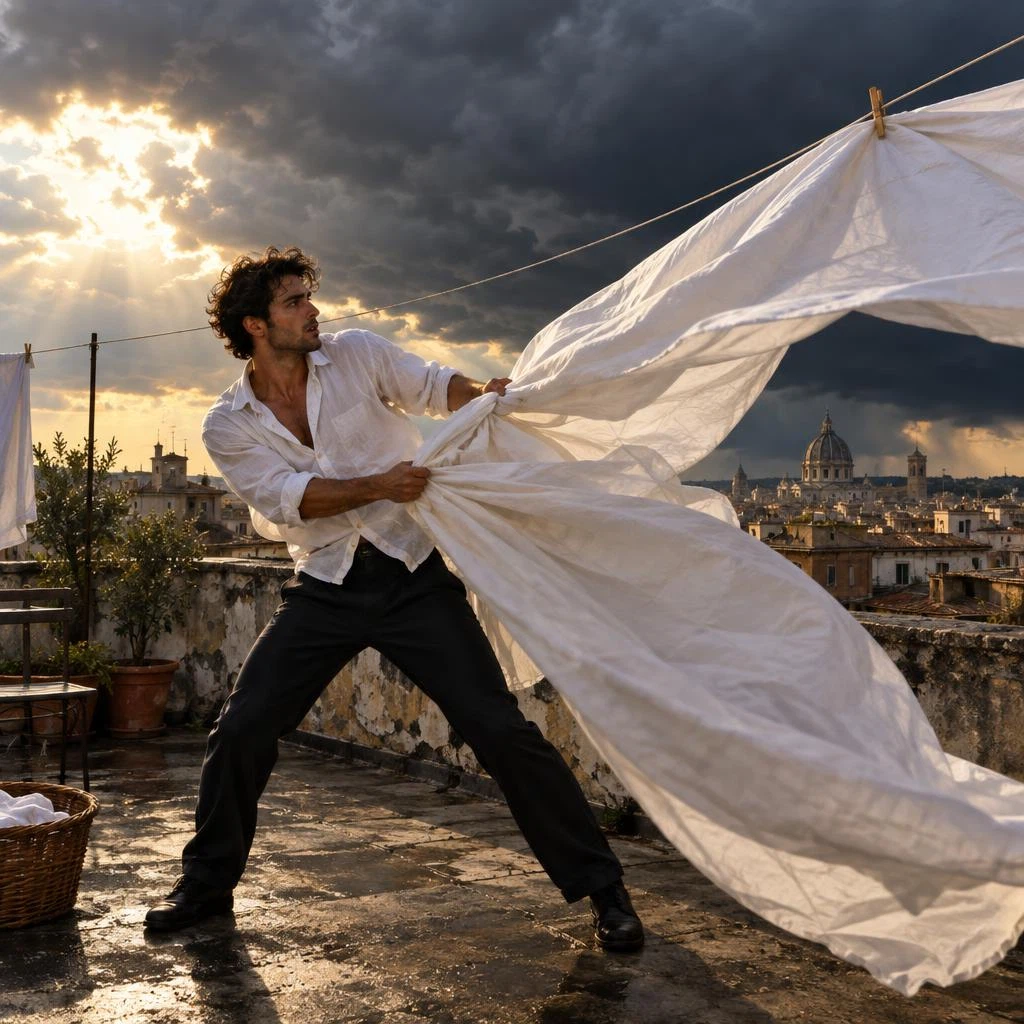 GPT Image 2.5 Flare Text-to-Image: A handsome young Mediterranean man standing on the rooftop of an old apartment building just before a storm, w