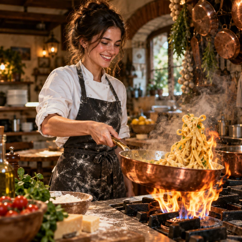 GPT Image 2.5 Flare Text-to-Image: A cheerful young woman chef with rolled sleeves tossing fresh pasta in a steaming copper pan in a rustic tratt
