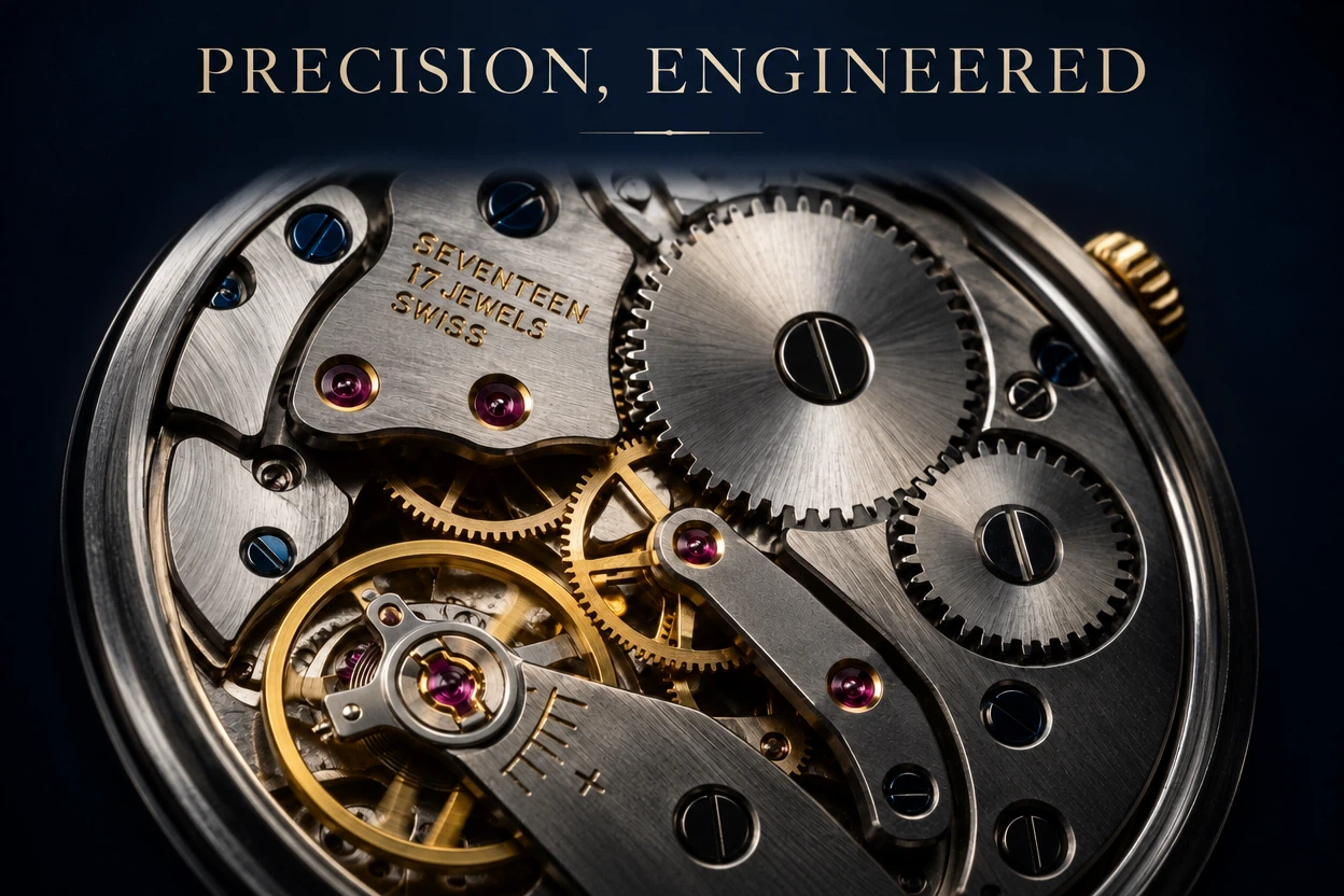 GPT Image 2.5 Sunburst Edit: Turn this watch movement photo into a premium print advertisement: add a dark navy backdrop, a subtle vignette