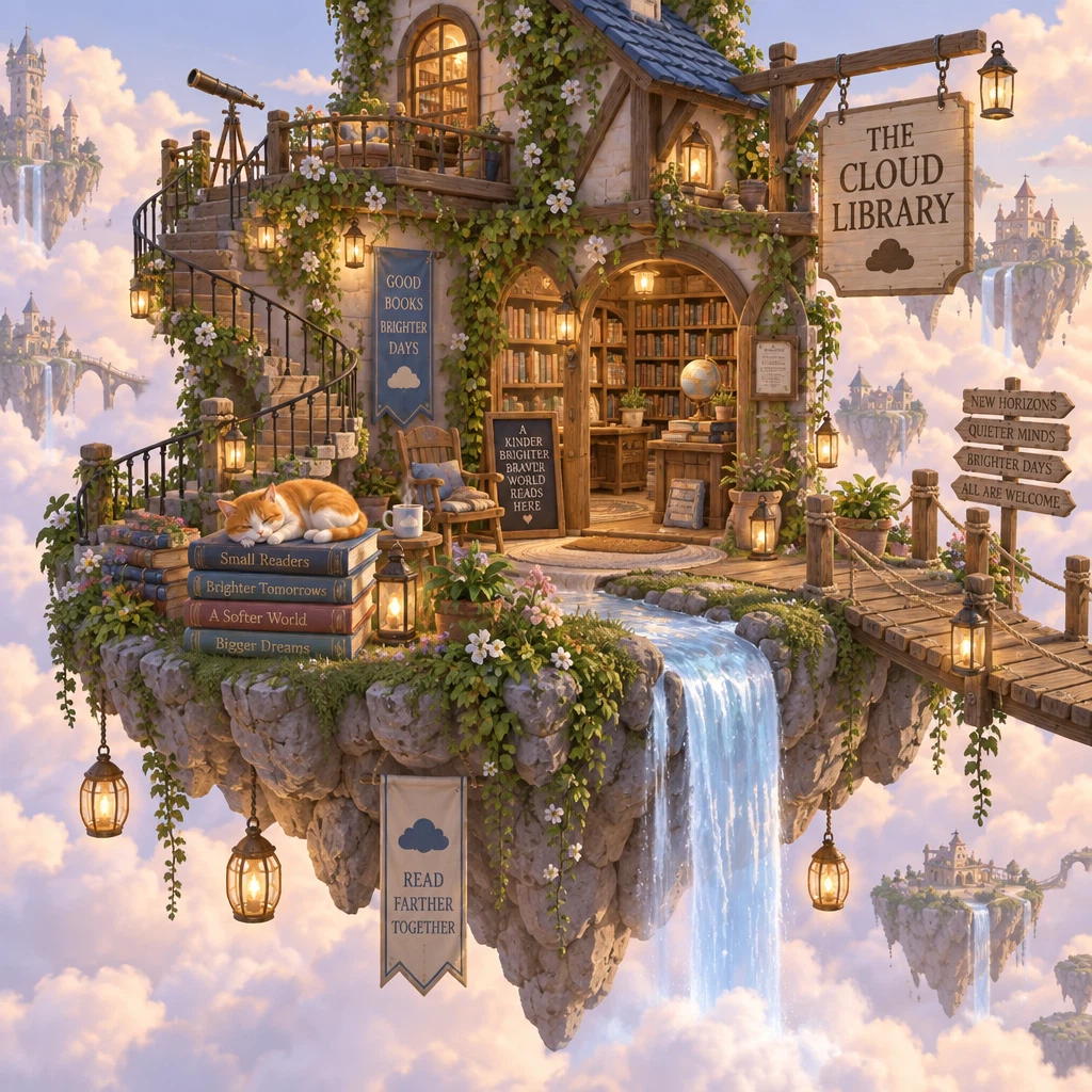GPT Image 2.5 Sunburst Text-to-Image: A cozy isometric illustration of a tiny floating island bookshop in the clouds, with a spiral staircase, glowi