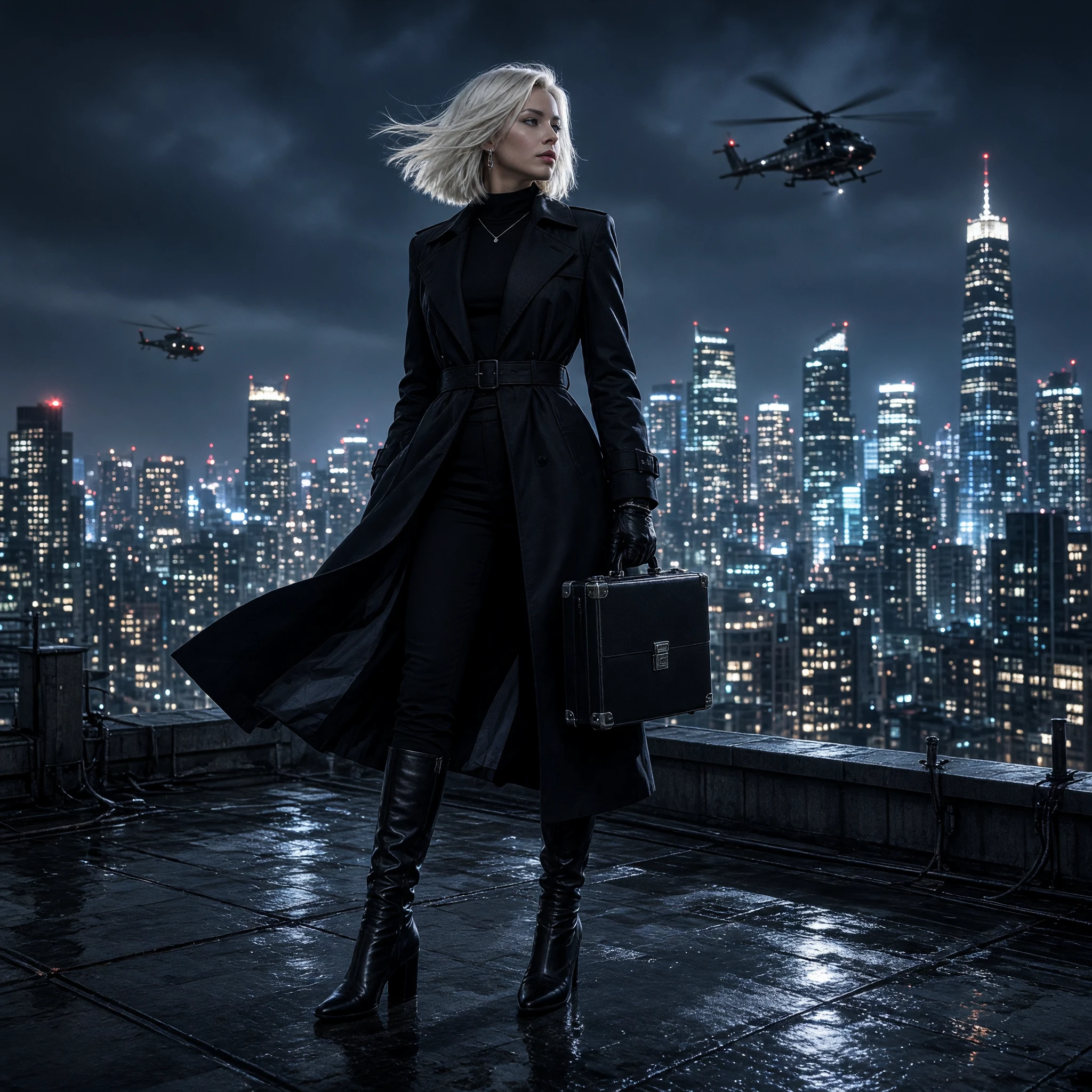 Grok Imagine Image V2.0 Text-to-Image: A stylish young foreign woman with platinum blonde bob hair standing on a rooftop overlooking a modern city at